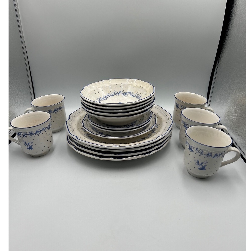 Stanhome Exclusive Rebecca Blue Floral Stoneware 14pc Plate Bowl Mug Set Korea